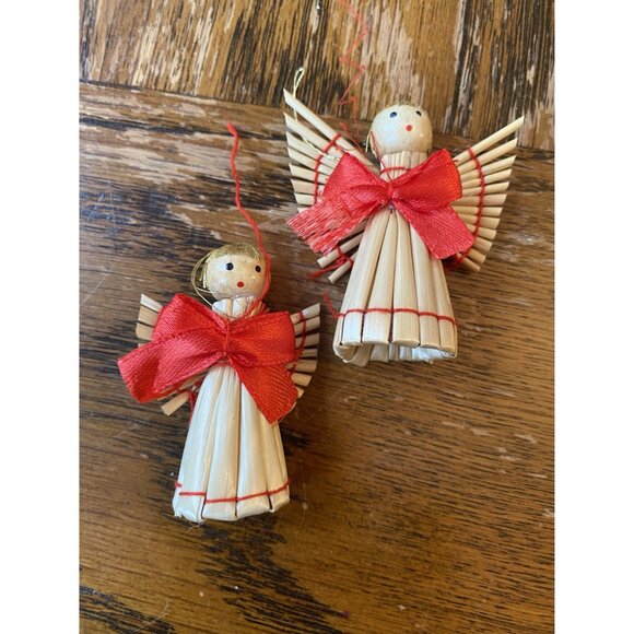 Vintage Straw Christmas Ornament Set With Angels & Stars - Picture 2 of 5